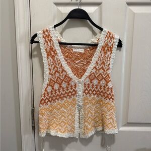 Free People Orange and Cream Knit Button-Down Top